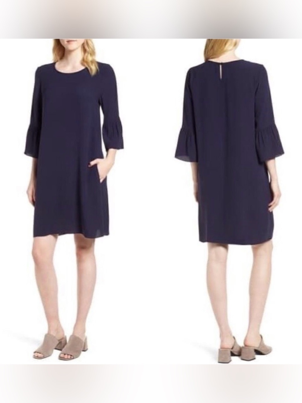 Women's Eileen Fisher Navy Silk Shift Dress with 3/4 Bell Sleeves Medium M
